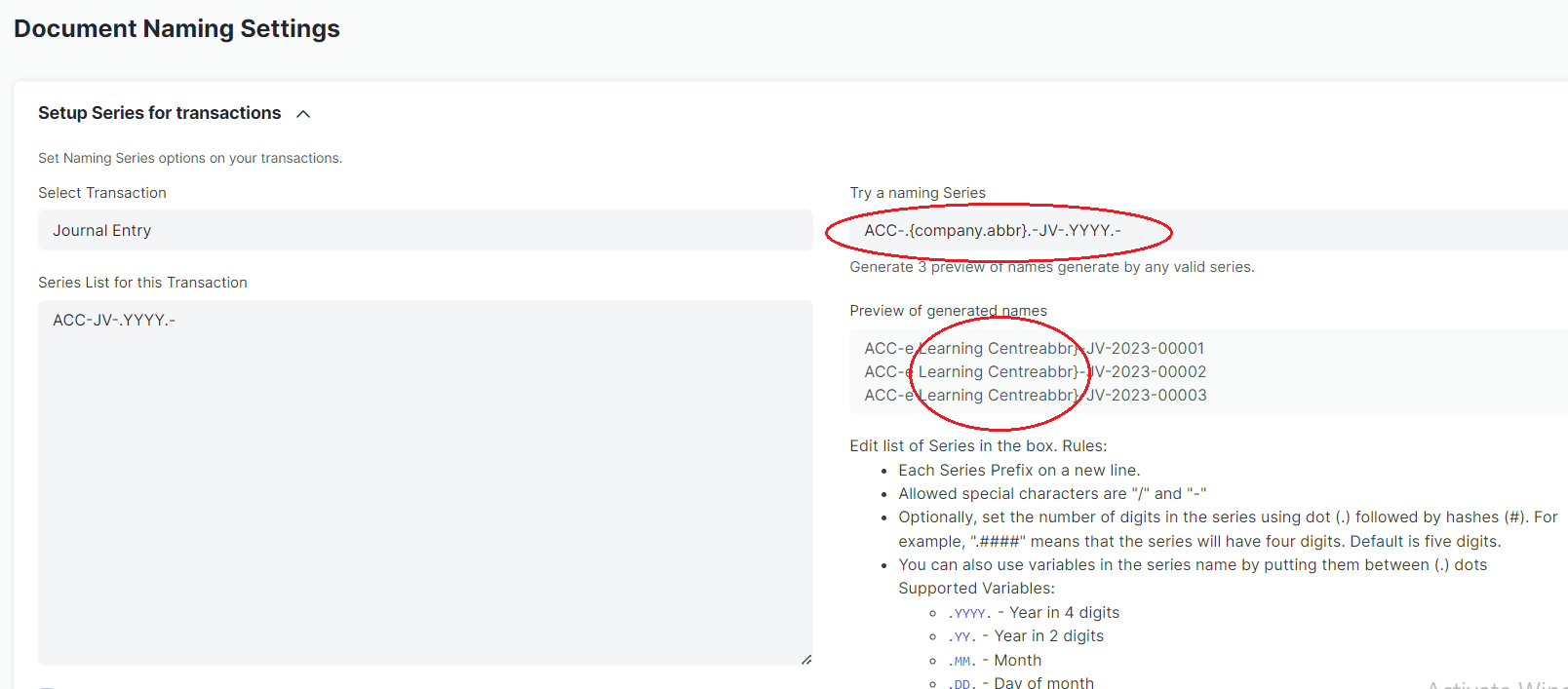 Document Naming Series with company abbreviation - ERPNext 
