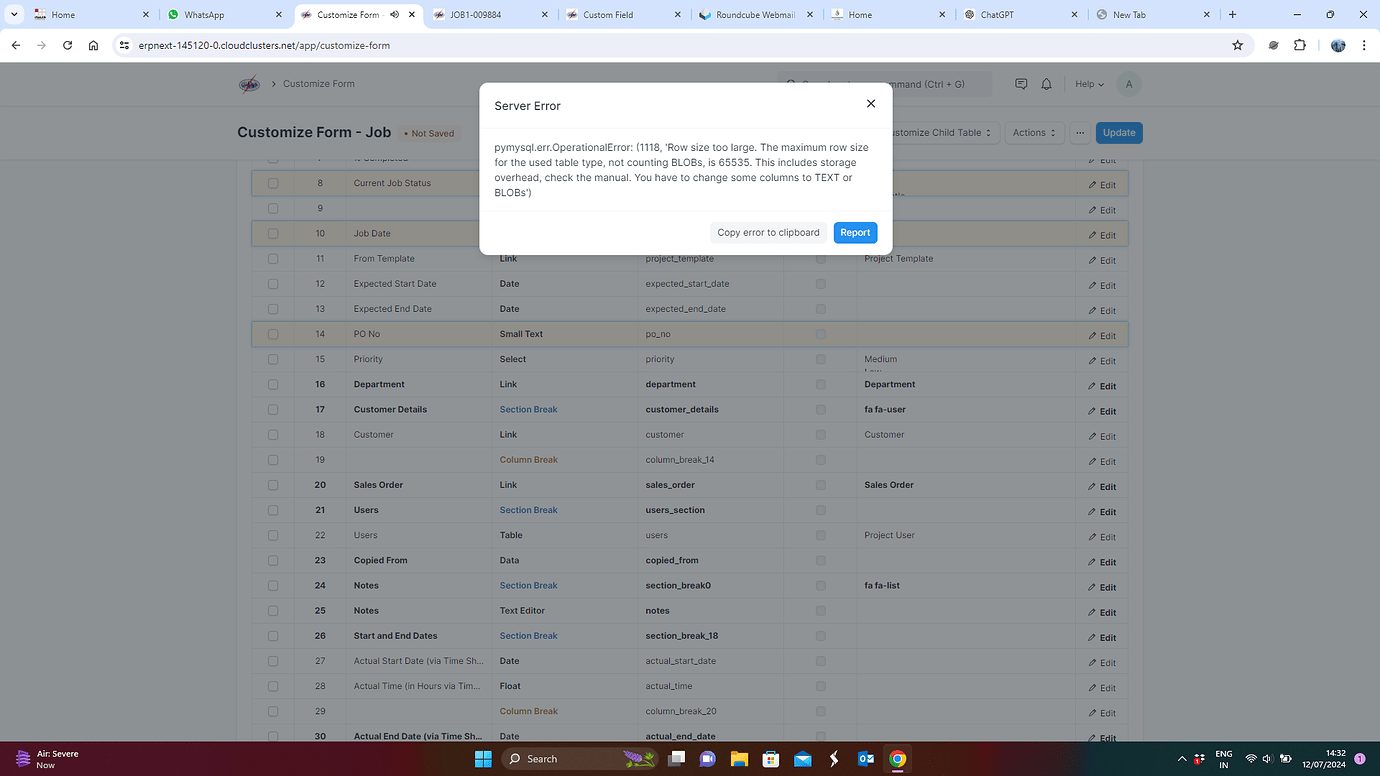Got error while creating field - ERPNext - Frappe Forum