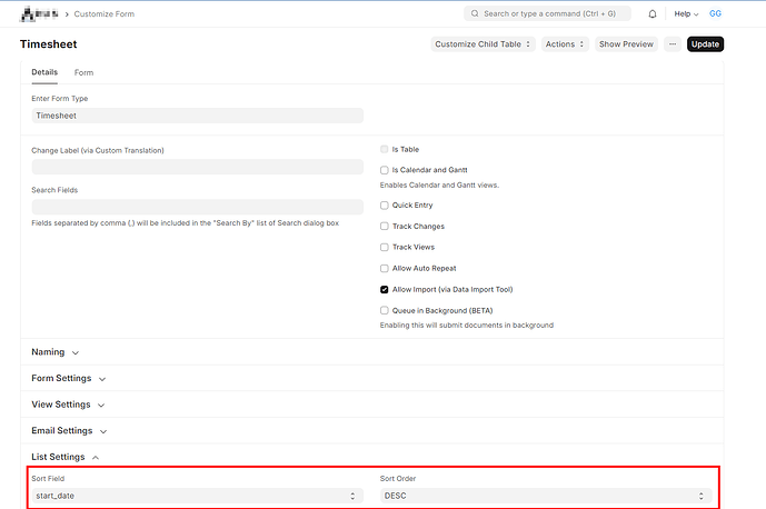 List settings for Sort Field