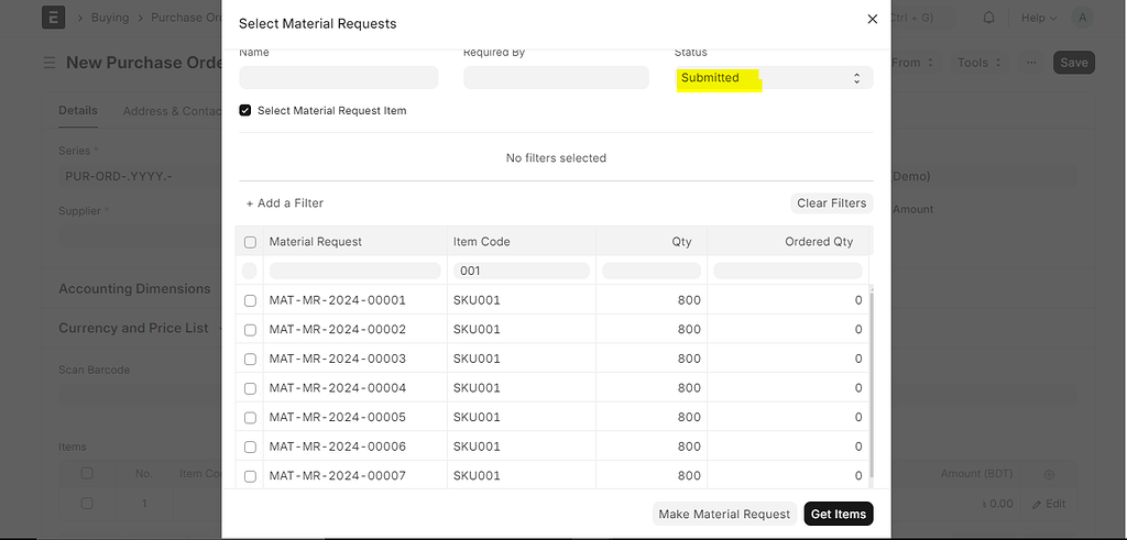 Problem with 'More' button to create Purchase Order from Material