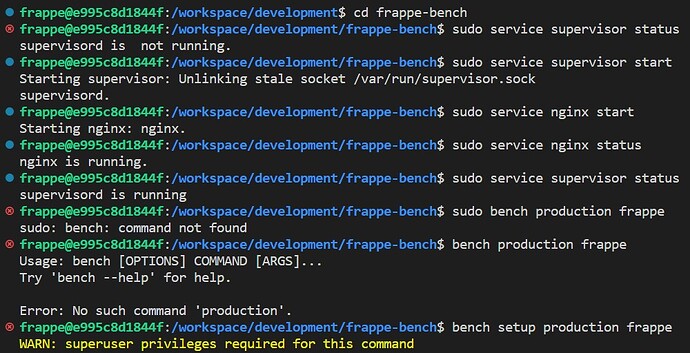 VSCode terminal erpnext production mode trial