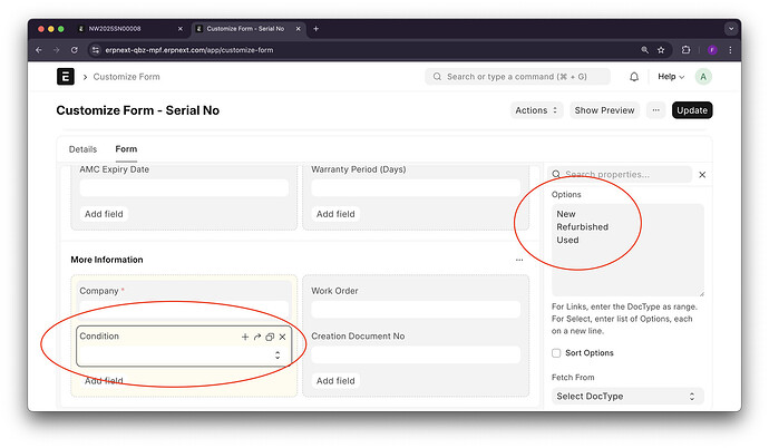 Customize Form - Serial No