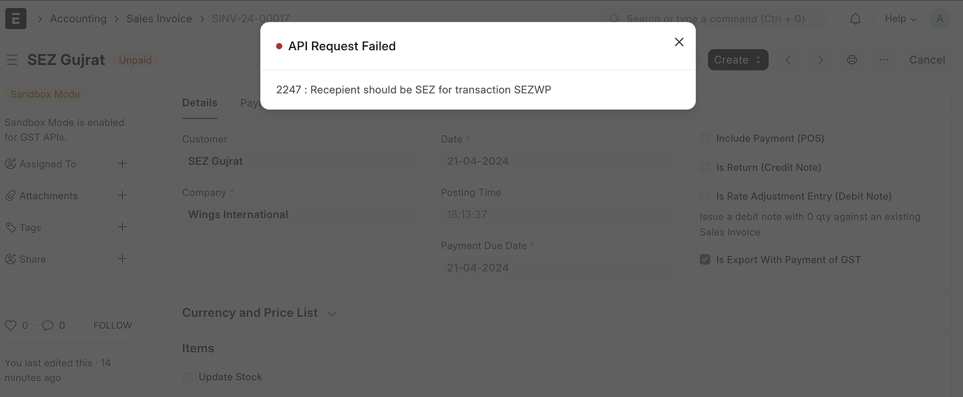 Error eInvoice generation for SEZ Customers - ERPNext - Frappe Forum