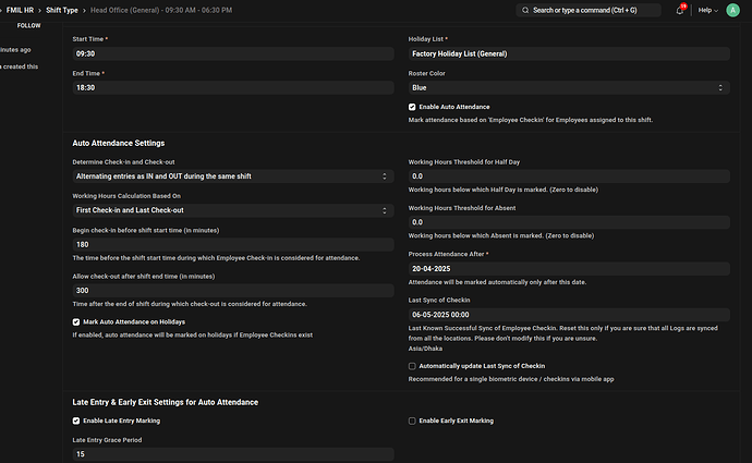 Default Shift Details