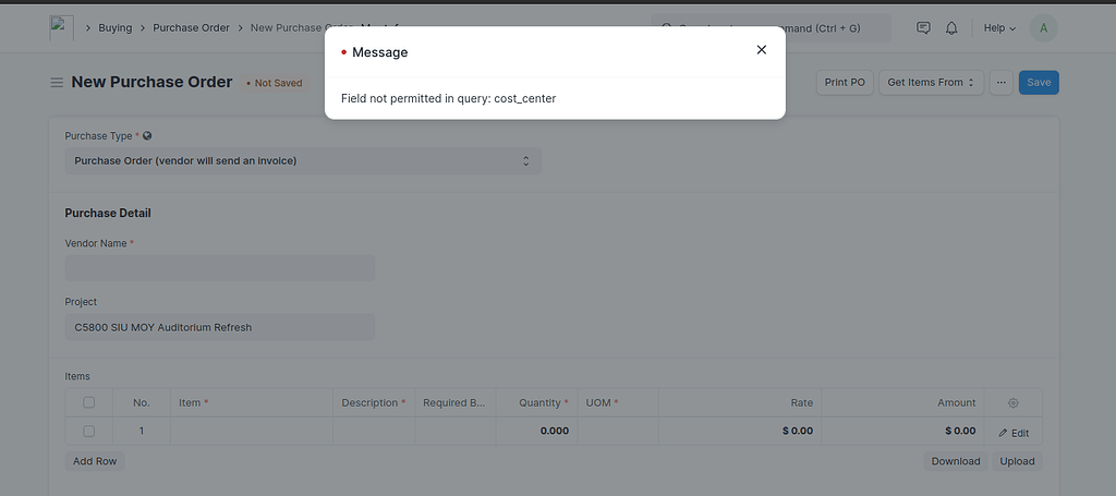 Error in Purchase Order when i try to add project - "Field not ...