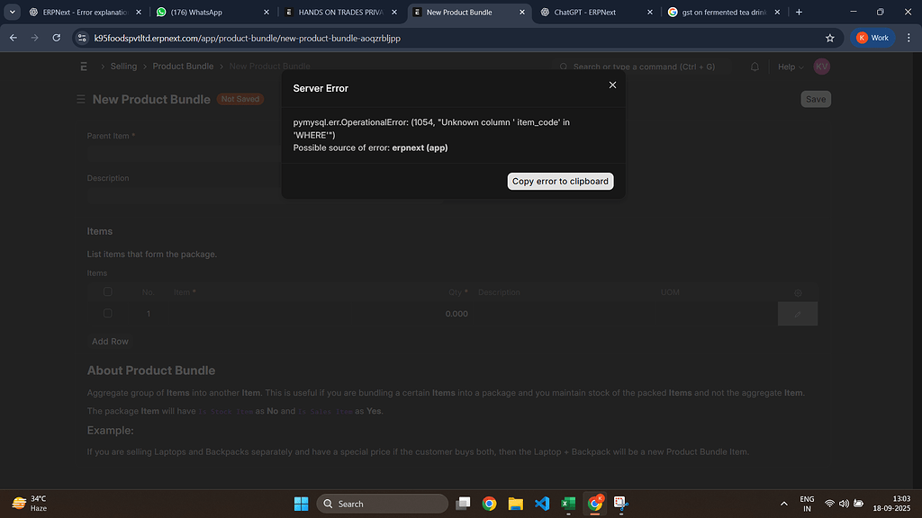 Error Facing while Creating Product Bundle - Stock/Inventory - Frappe Forum