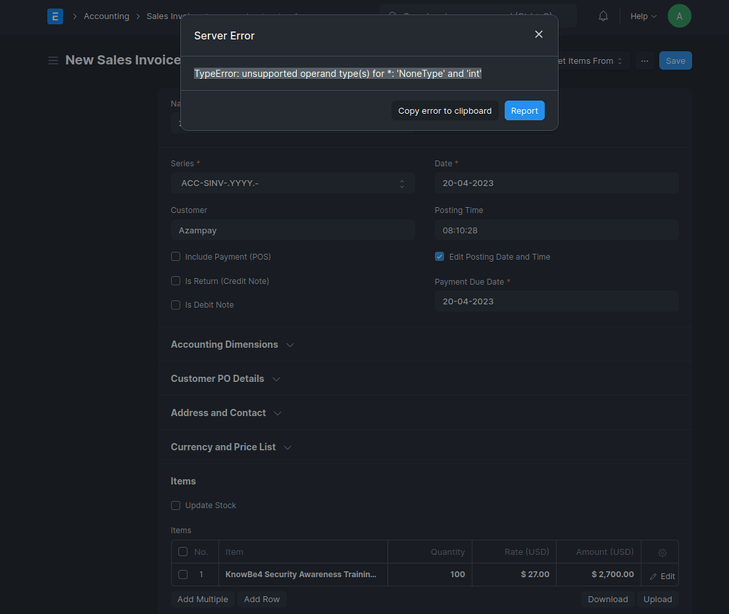 Invoice creation error - Accounting - Frappe Forum