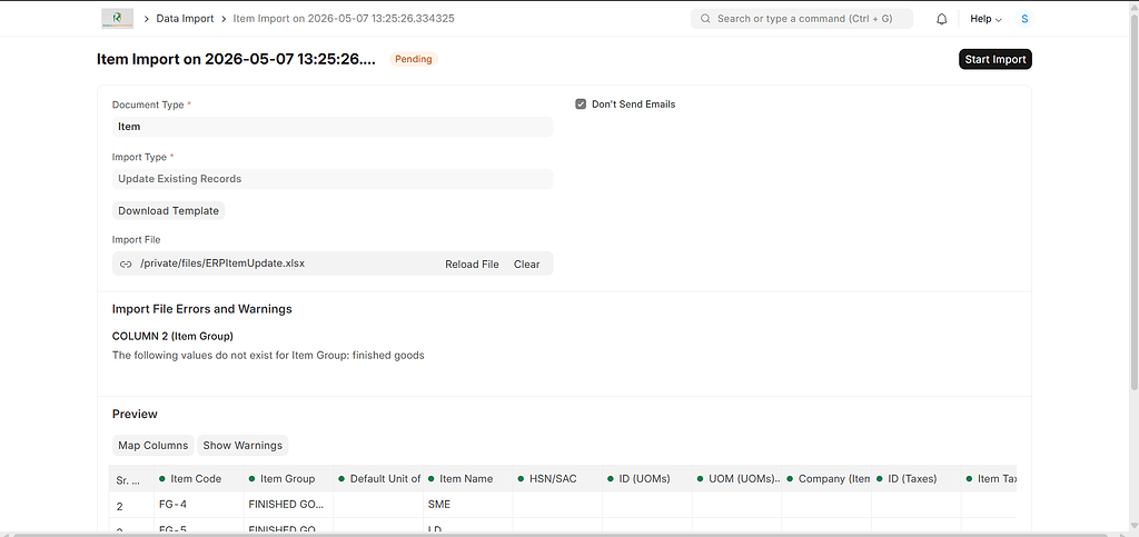 Data Import Error – “The following values do not exist for Item Group ...