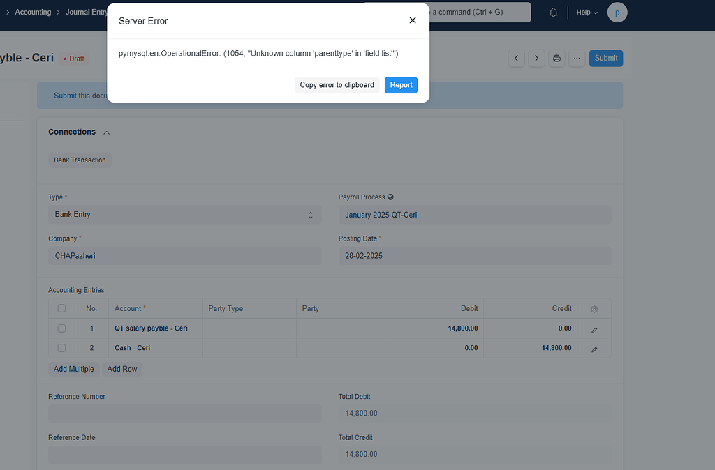Error Deleting Journal Entry: Unknown Column 'parenttype' in Database ...