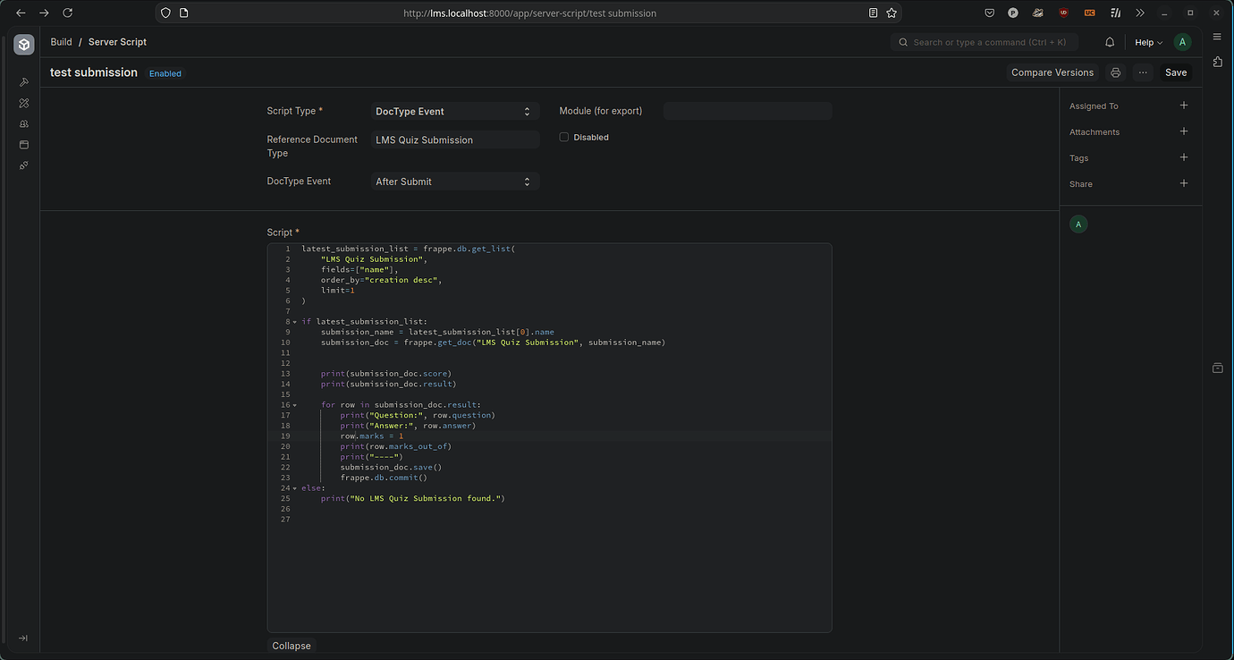 Run a script after user submits a quiz - Learning - Frappe Forum