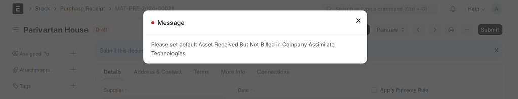 When i try to submit Purchase Receipt then this error occur - Frappe Forum