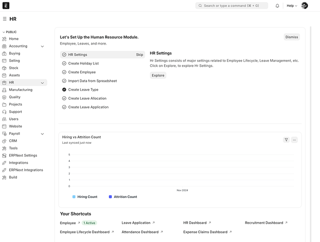 Screenshot of ERPNext with the HR module activated