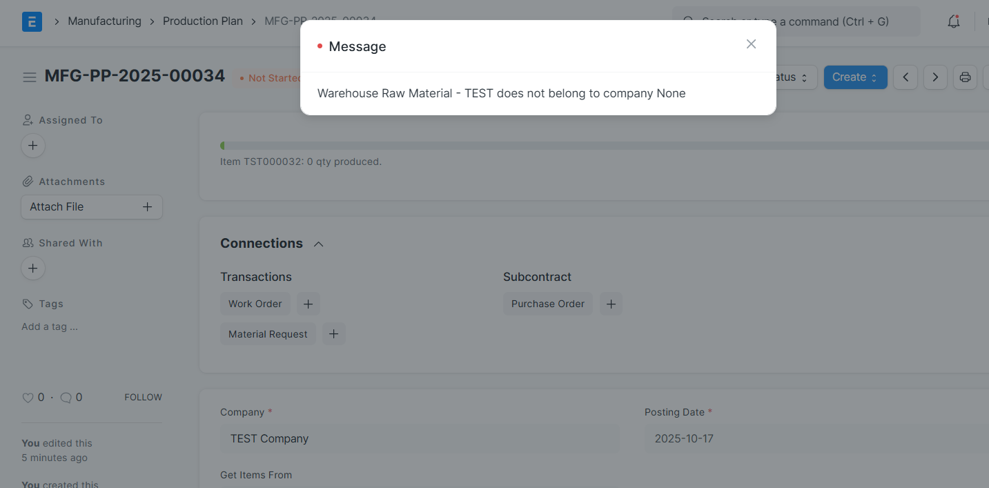 Error when creating production plan (workorder) on manufacturing ...