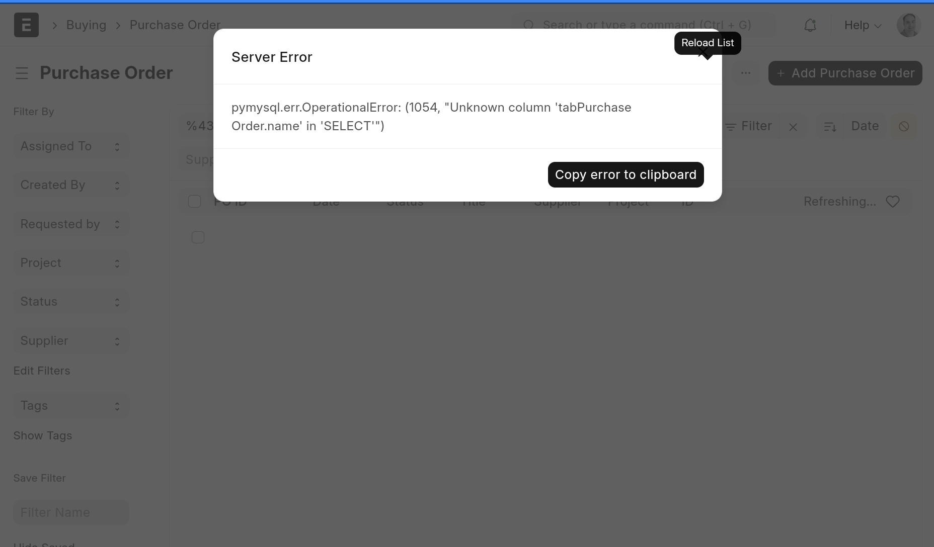 Error with ERPNext - Customize ERPNext - Frappe Forum