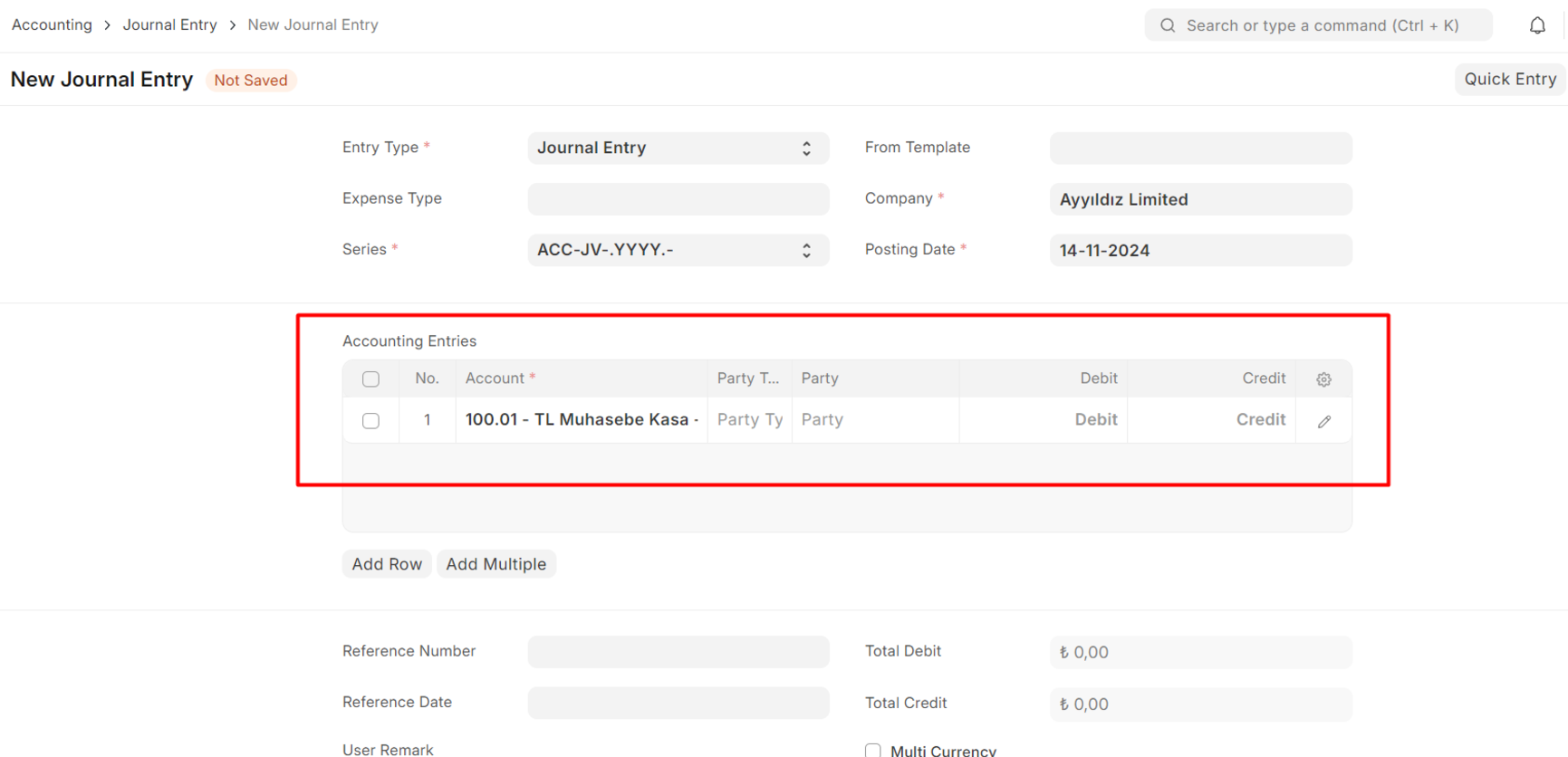 On the journal entry page, in the Accounting Entries table Viewing the ...